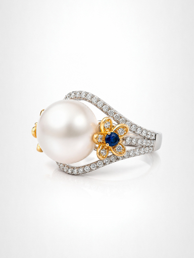 Кольцо круглый жемчуг в инкрустацию синее