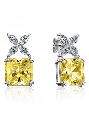 Серебряные серьги 925 пробы с фианитами желтые маркиз цветок