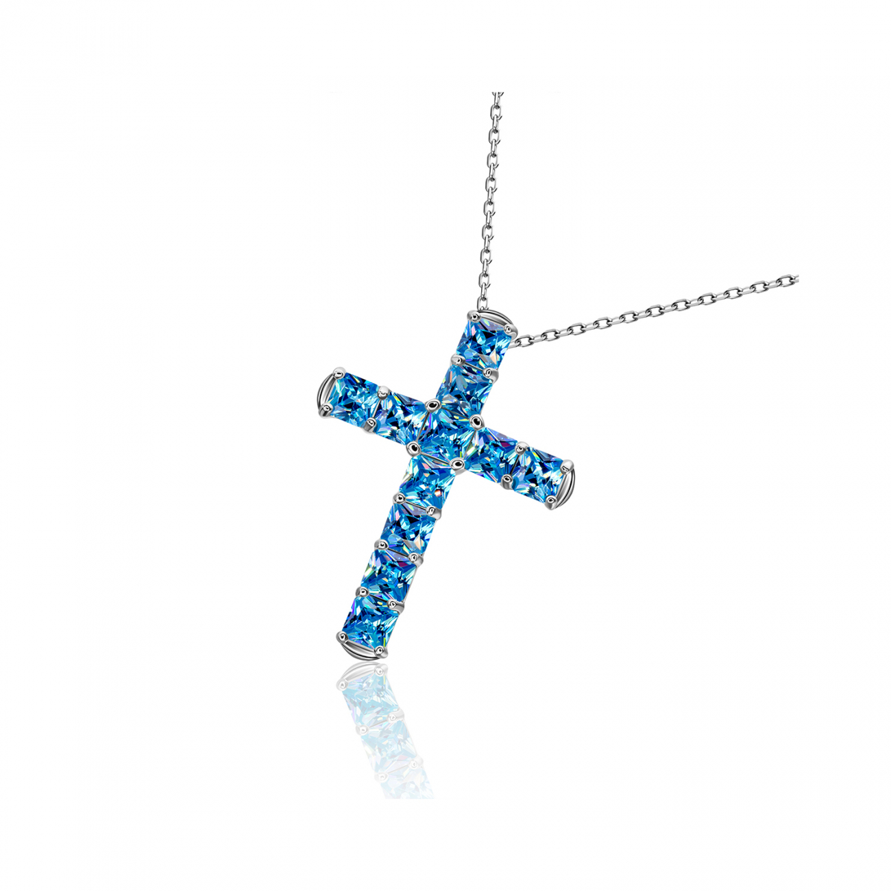 Серебряное колье 925 пробы Крест с квадратными камнями голубой