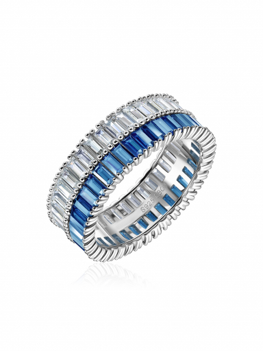 Кольцо дорожка с синими багетами из серебра 925 пробы с фианитами