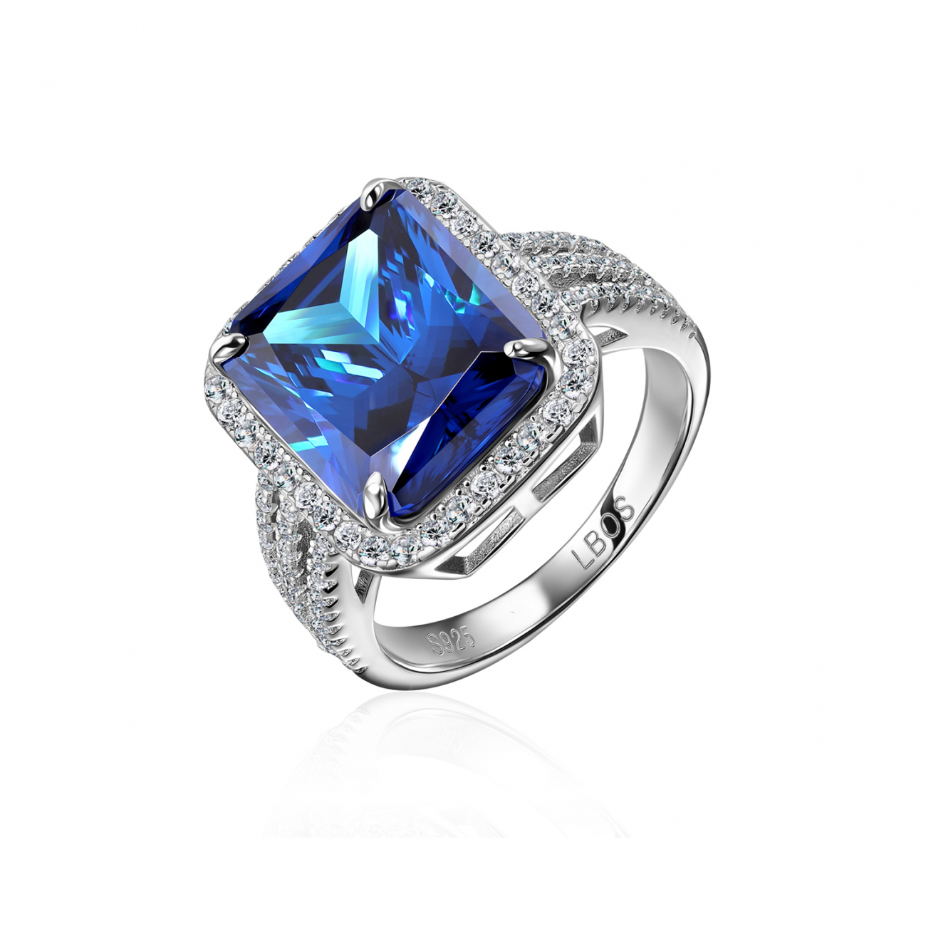 Серебряное кольцо 925 пробы синее с белыми фианитами